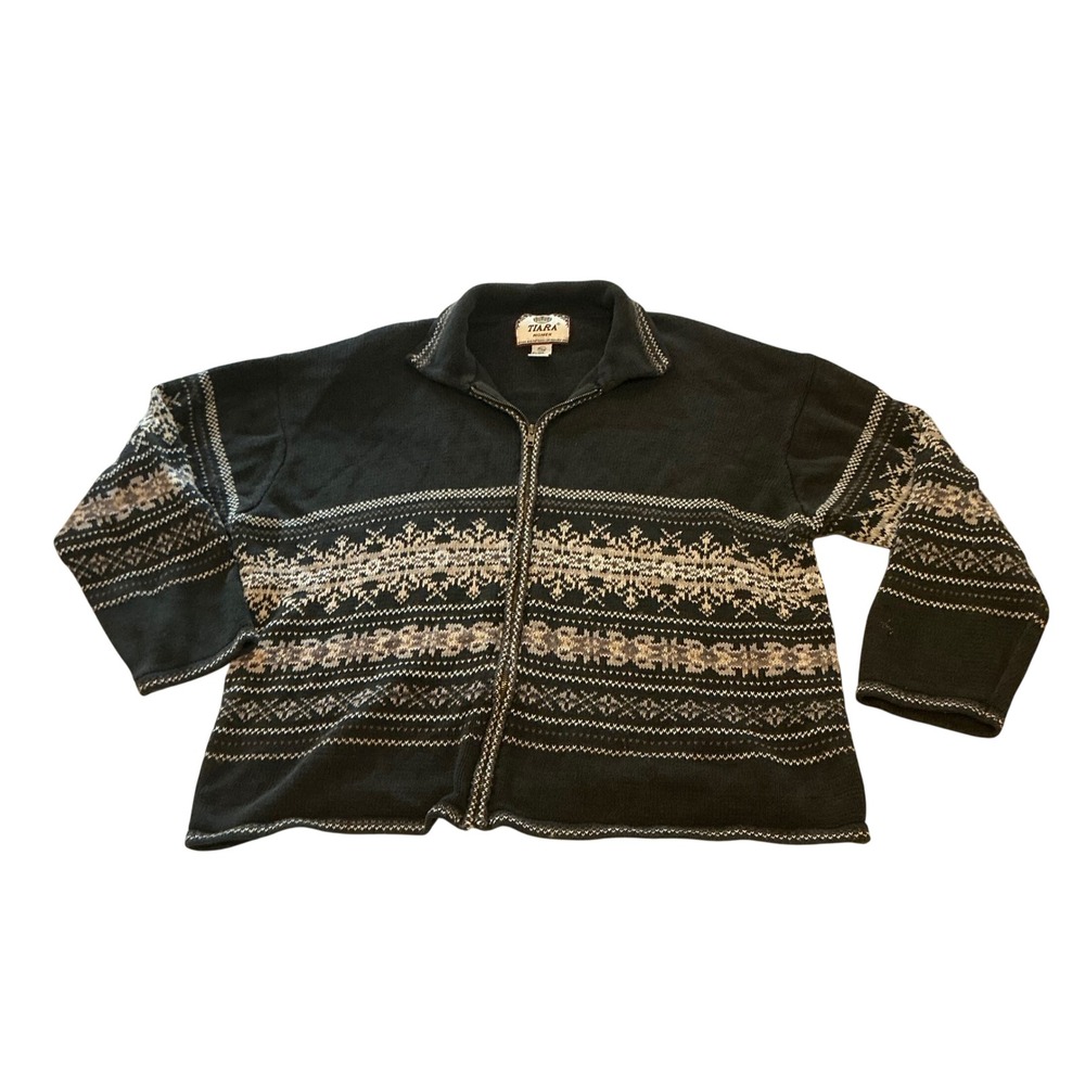 Tiara Women Vintage Fair Isle Full Zip Cardigan Sweater Black Plus Size 22/24
